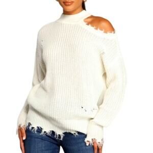 Women's White Grunge Sweater XL Mock Neck Distressed Destroyed Raw Fringe Hem